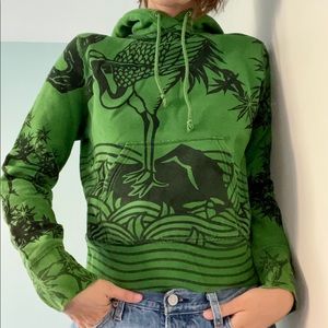 Vintage Lucky Brand Kelly Green Asian Motif Crop Sweatshirt
